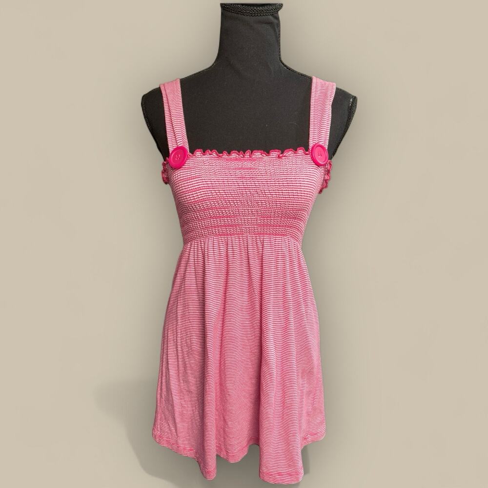 Y2K Babydoll Sun Dress Top Medium Pink White Stripe Smocked Ruffle Beachy Bimbo